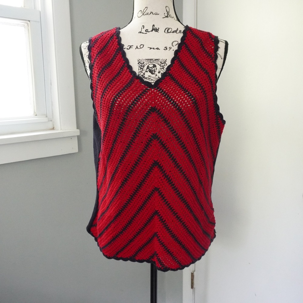 VTG Austin Reed Red Navy Blue Chevron Open Knit Tank Top XL Sleeveless Boho